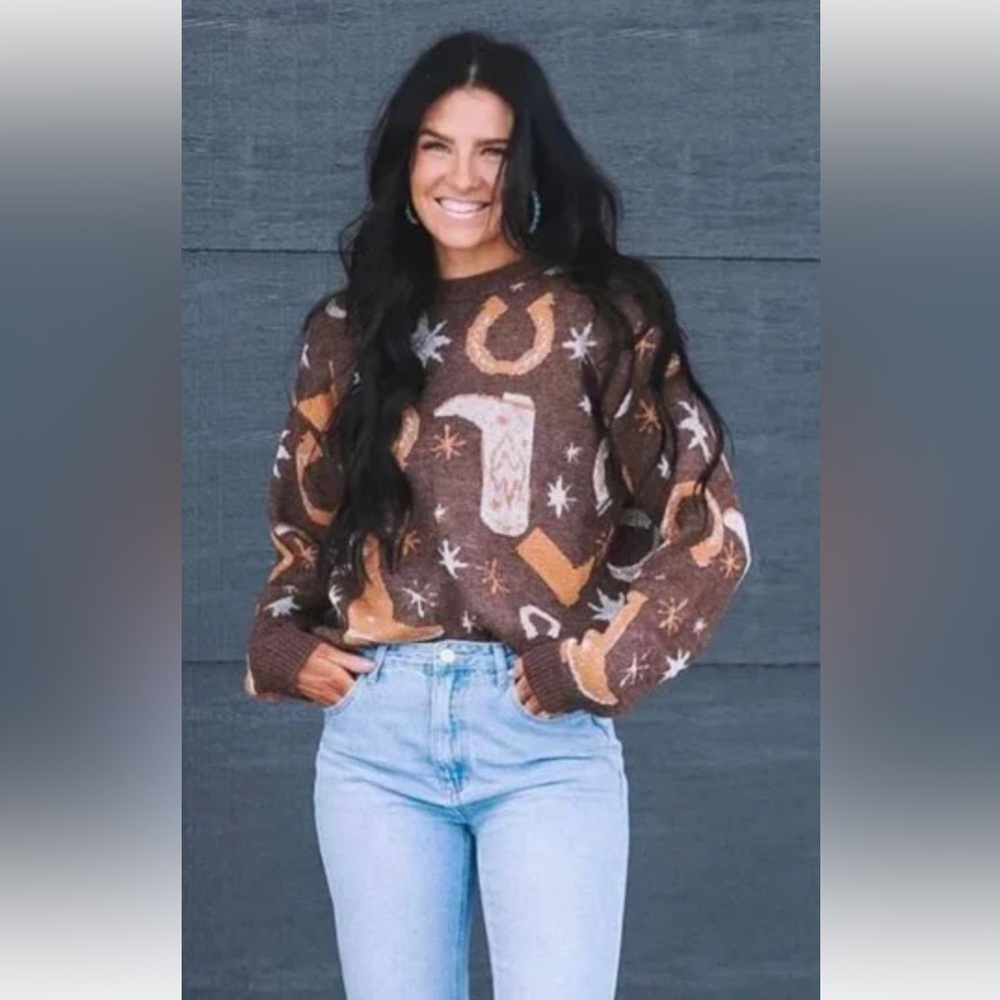 Western-Inspired Brown Patterned Crewneck Sweater - Women